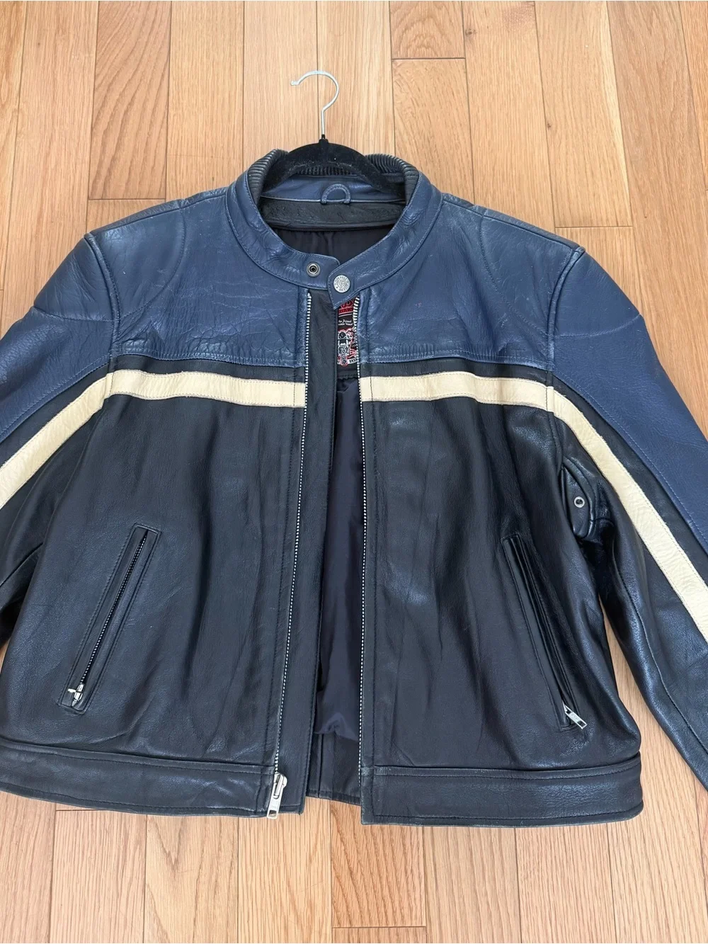 Men's Two-Tone Black and Navy Leather Bomber Jacket with Cream Stripe